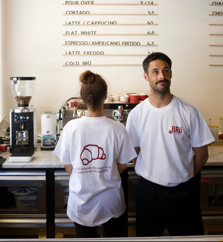 Brü Specialty Coffee 'Croissant' t-shirt — premium tee celebrating the art of the perfect pastry