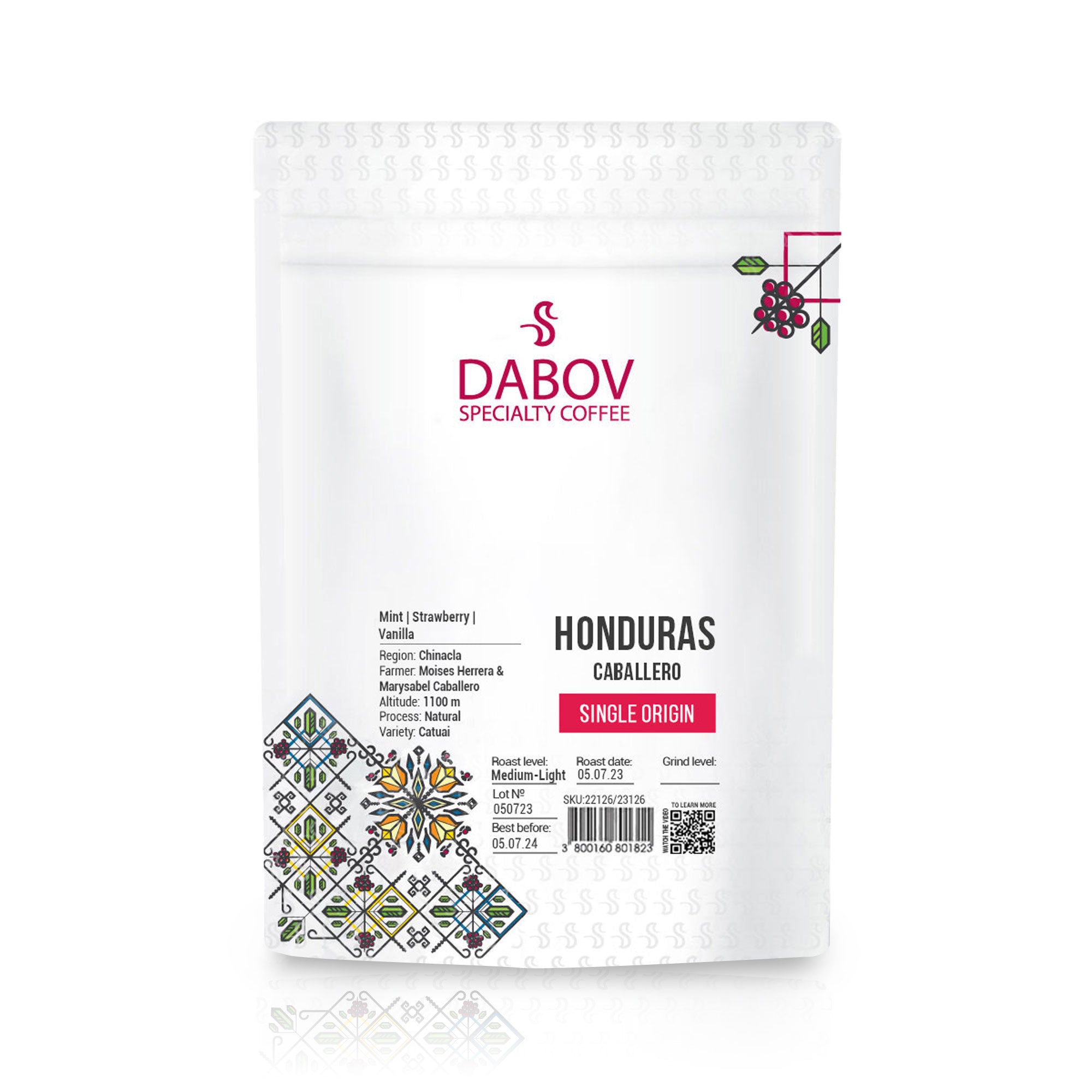Honduras Caballero specialty coffee by Dabov — medium light roast, natural process Catuai variety with notes of strawberry, vanilla, and mint