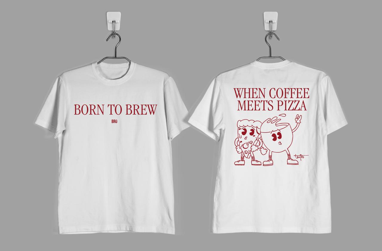 Brü Specialty Coffee 'Coffee X Pizza' limited-edition t-shirt — commemorating the legendary rave event