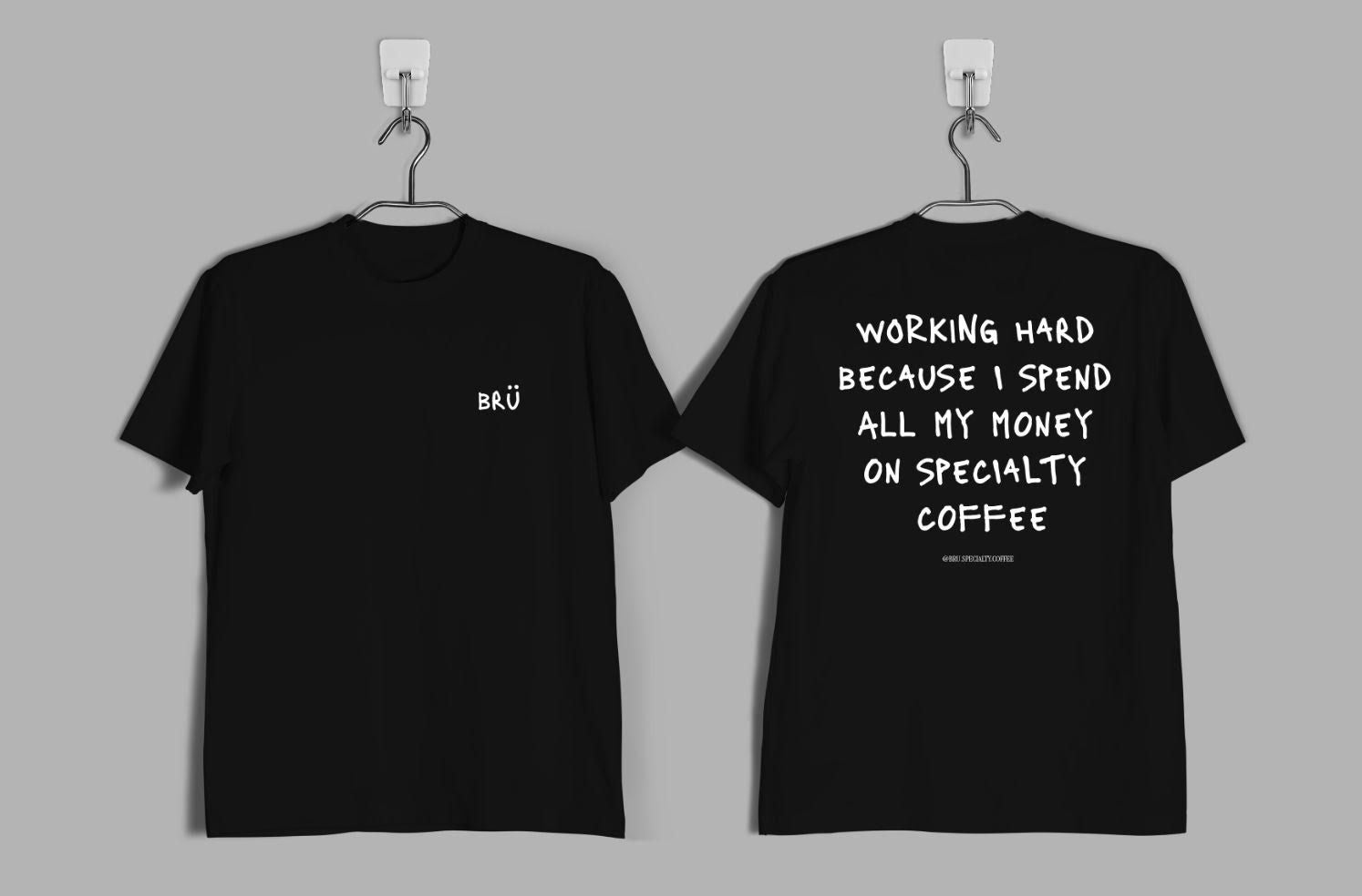 Brü Specialty Coffee 'Money' t-shirt — tongue-in-cheek tee for specialty coffee devotees