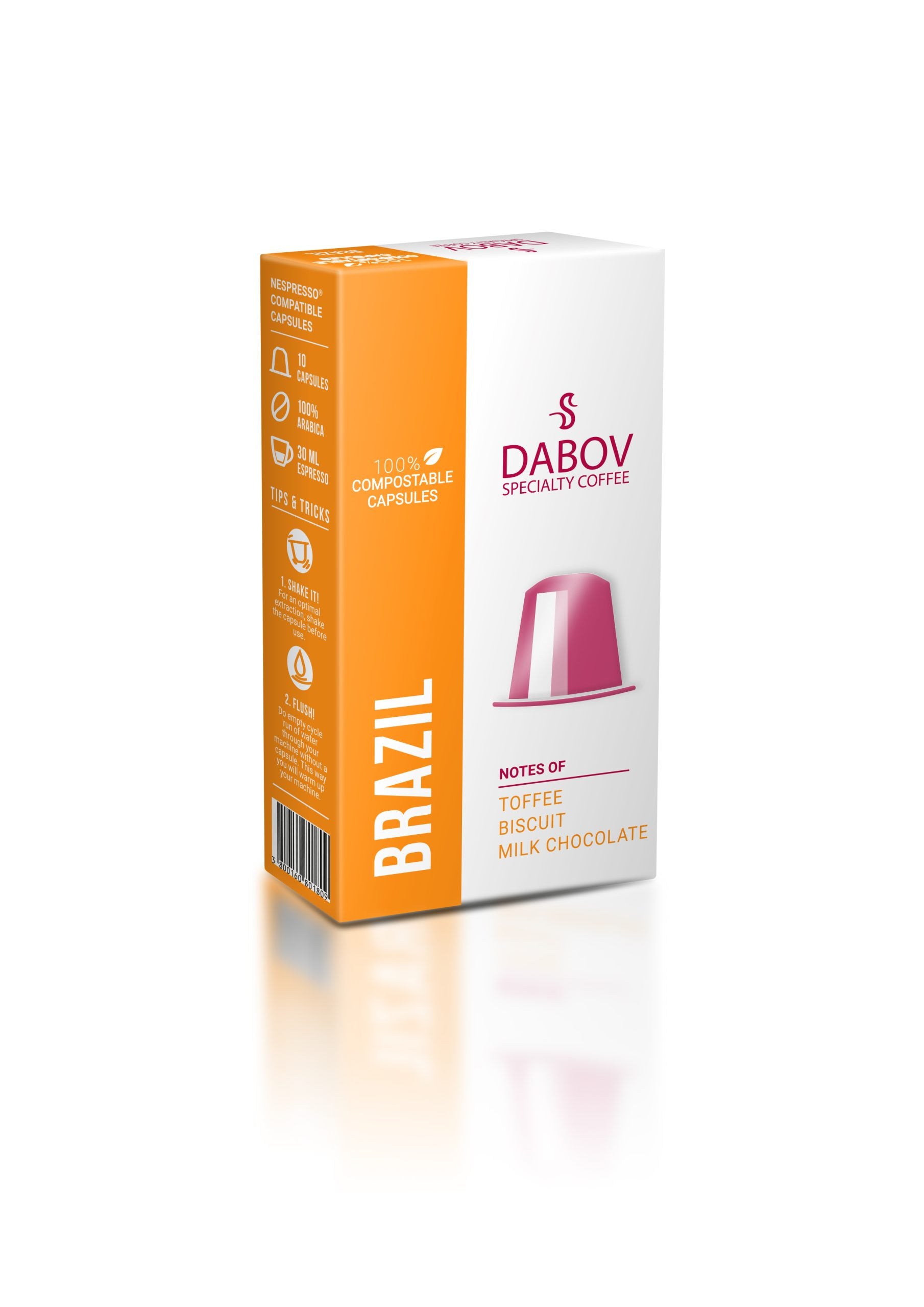 Brazil Nespresso-compatible coffee capsules by Dabov — 10 pods with notes of milk chocolate, toffee, and biscuit