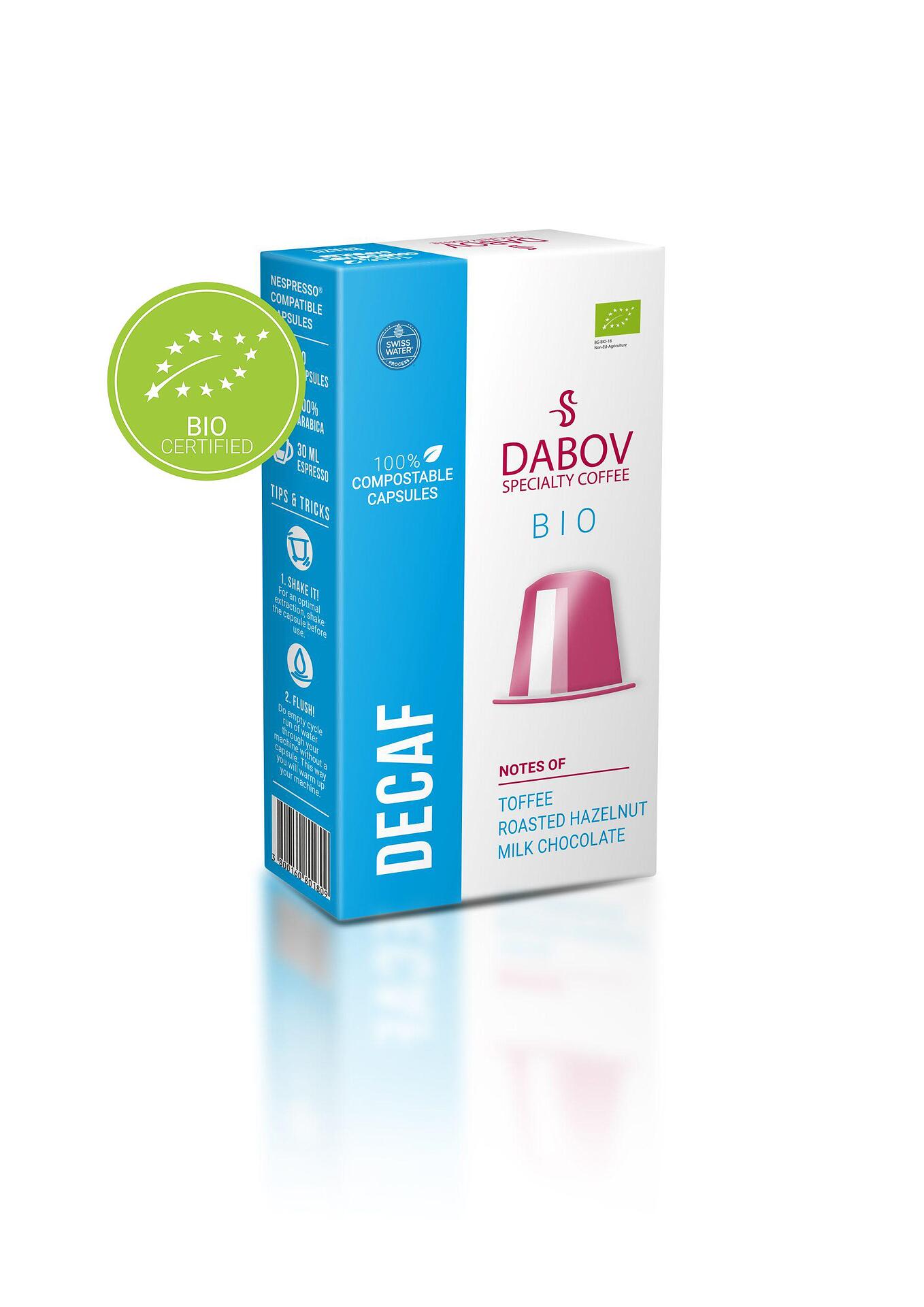 Decaf organic Nespresso-compatible coffee capsules by Dabov — 10 pods with notes of milk chocolate, toffee, and roasted hazelnut