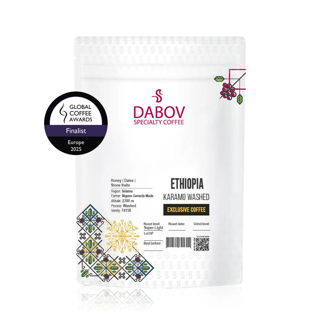 Ethiopia Karamo Washed specialty coffee beans by Dabov — washed 74158 variety from Sidama region with notes of honey, dates, and stone fruits