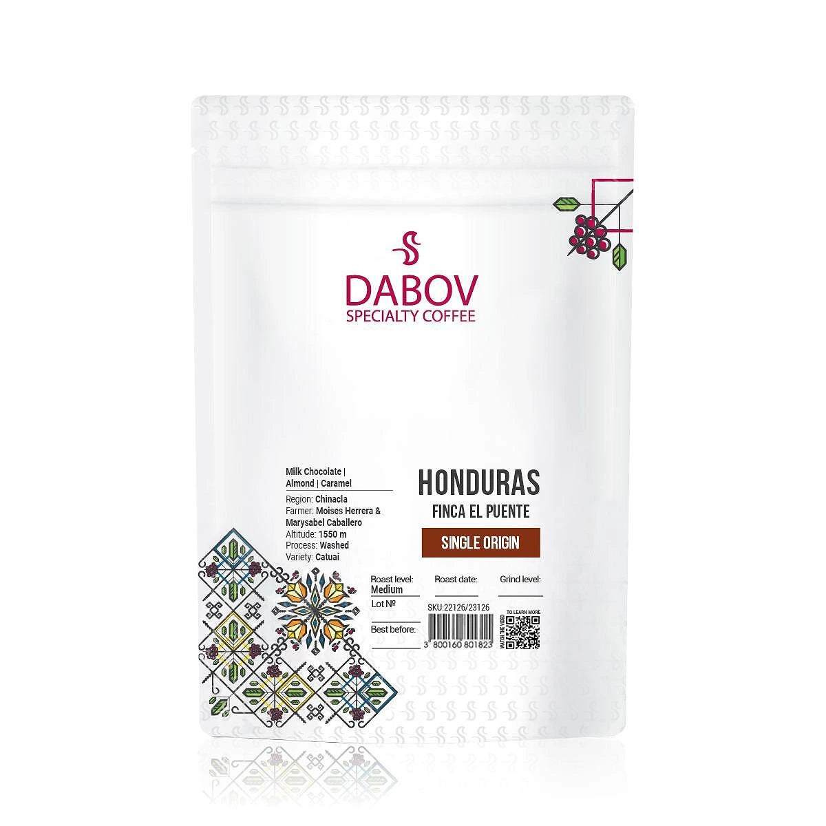 Honduras Finca El Puente specialty coffee beans by Dabov — single-origin with notes of milk chocolate, almond, and caramel