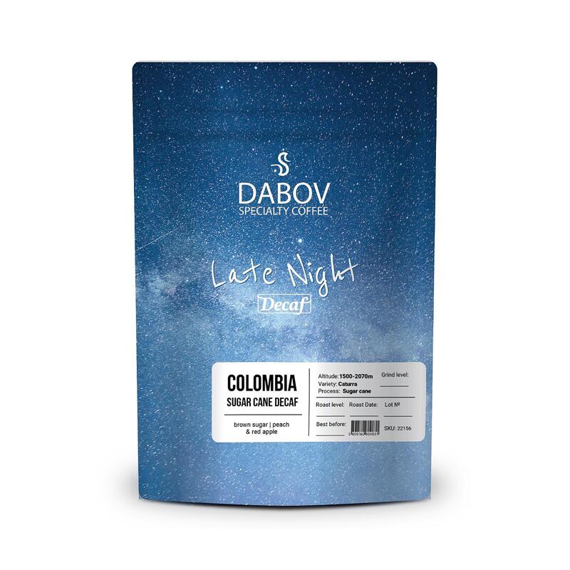 Late Night Decaf specialty coffee beans — sugarcane EA decaffeinated, with notes of brown sugar, peach, and red apple