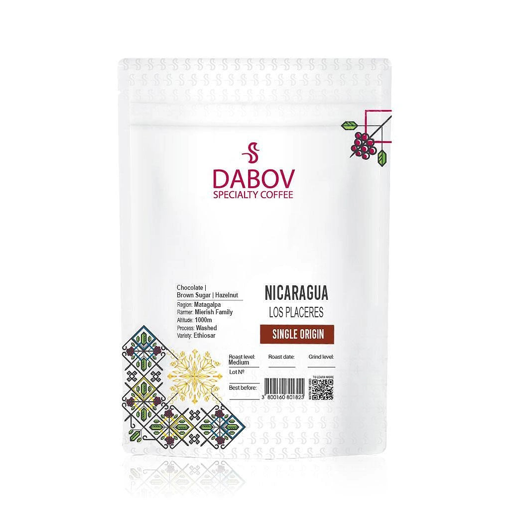 Nicaragua Los Placeres specialty coffee beans by Dabov — medium roast, single-origin with notes of chocolate, brown sugar, and hazelnut